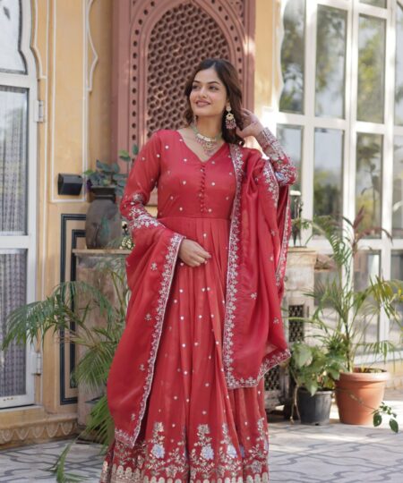 Women's Festive Rust Red Anarkali Gown with Intricate Silver Zari & Sequin Embroidery – Complete with Embroidered Dupatta