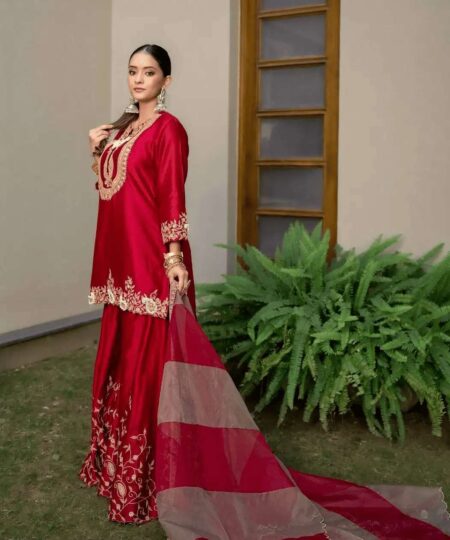 Women's Chinon Silk Sequence Embroidery Work Straight Kurti With Sharara Suit and Dupatta Set