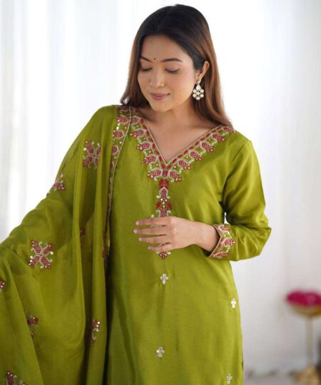 Women's Chinnon Silk Embroidery Sequence Work and Lace Work Straight Kurti With Pant and Dupatta