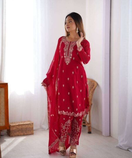 Women's Georgette Embroidery Straight Kurti with Pant And Dupatta Set