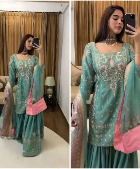 Women's Chinon Silk Heavy Embroidery Straight Kurta With Sharara and Dupatta set