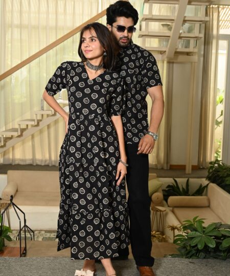 Couple Matching Black Cotton Anarkali Midi Dress and Shirt Set ? Vertical Vine Block Print