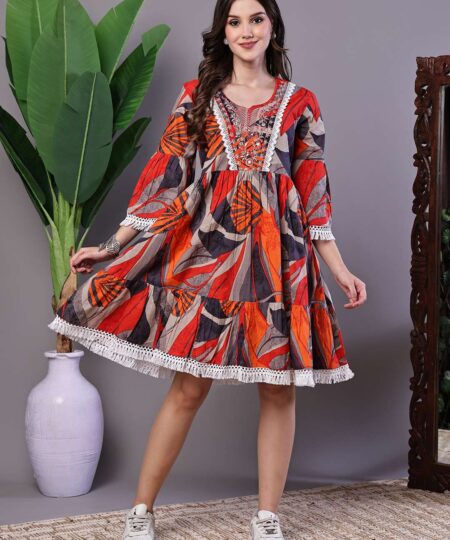 Wome's Multicolor Printed Cotton A-Line Dress with Embroidered Yoke Midi Dresses
