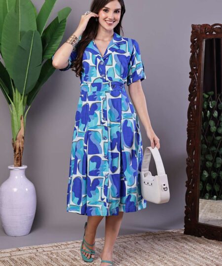 Women's Blue Abstract Print Cotton Shirt Dress