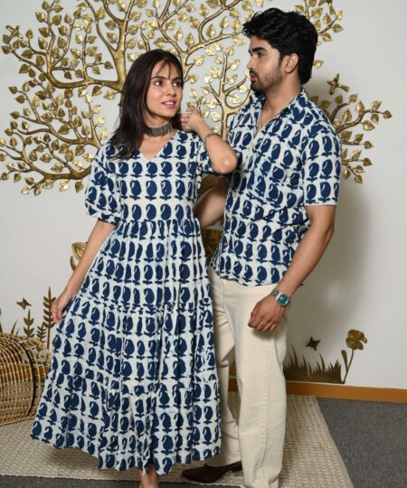 Couple Matching White And Blue Printed Cotton Anarkali Midi Dress & Shirt Set ? Summer Casual Wear