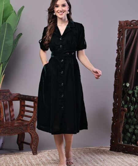 Women's Black Velvet Solid Printed Shirt Midi Dress with Belt