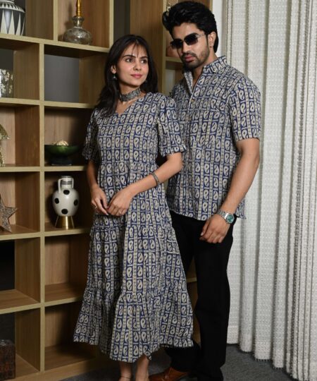 Couple Matching Navy Blue Cotton Anarkali Midi Dress and Shirt Set ? Paisley Block Print