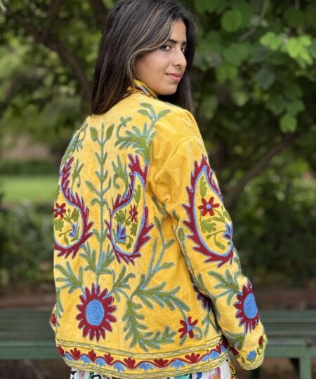 Womens Yellow Velvet Embroidered Jacket with Floral Design