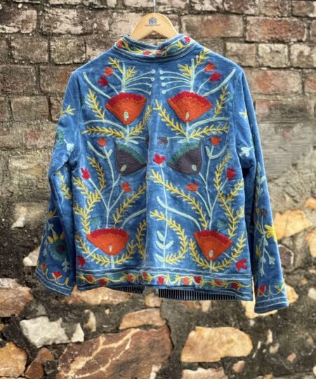 Womens Light Sky Blue Velvet Embroidered Jacket with Floral Design