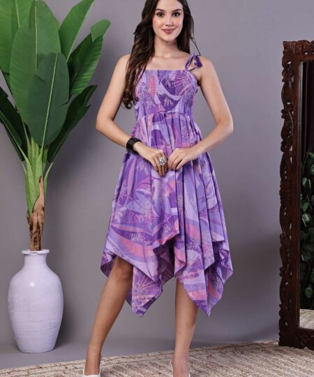 Women's Purple Printed Cotton Handkerchief Hem Midi Dress
