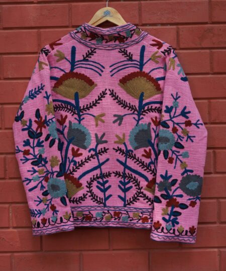 Womens Pink Velvet Embroidered Jacket with Floral Design