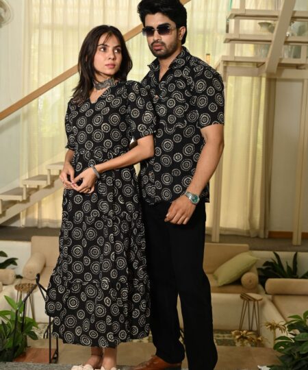 Couple Matching Black floral Printed Cotton Anarkali Midi Dress & Shirt Set ? Summer Casual Wear