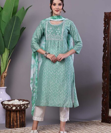 Women's Mint Green Chanderi Embroidered Kurta Set with Dupatta Suit Sets