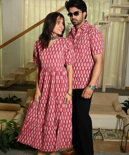 Couple Matching Pink Cotton Anarkali Midi Dress and Shirt Set ? White Handblock Leaf Print