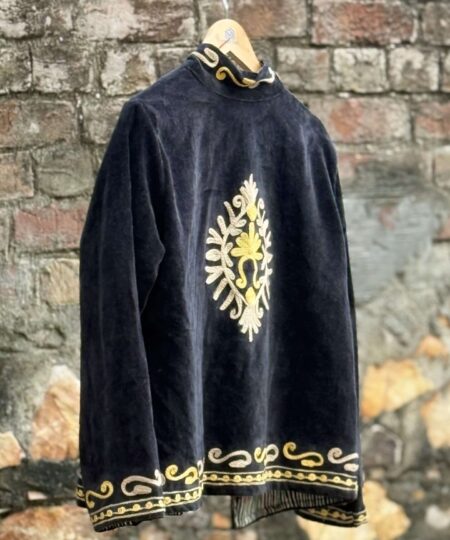 Womens Black Velvet Embroidered Jacket with Floral Design