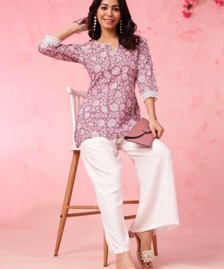Women's Rayon Floral Printed Straight Short Kurti Set