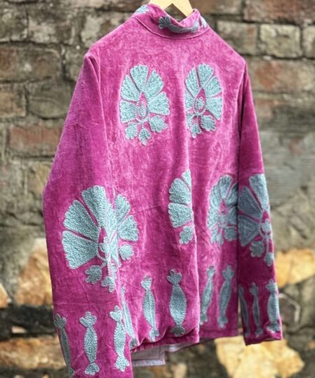 Womens Pink Velvet Embroidered Jacket with Floral Design