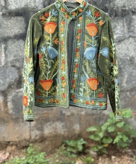 Womens Olive Green Velvet Embroidered Jacket with Floral Design