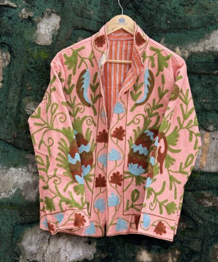 Womens Light Pink Velvet Embroidered Jacket with Floral Design